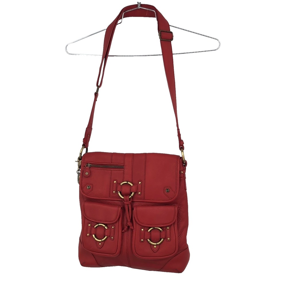 Tommy Bahama Red Pebbled Leather Crossbody Bag Tropical Lining Sample
